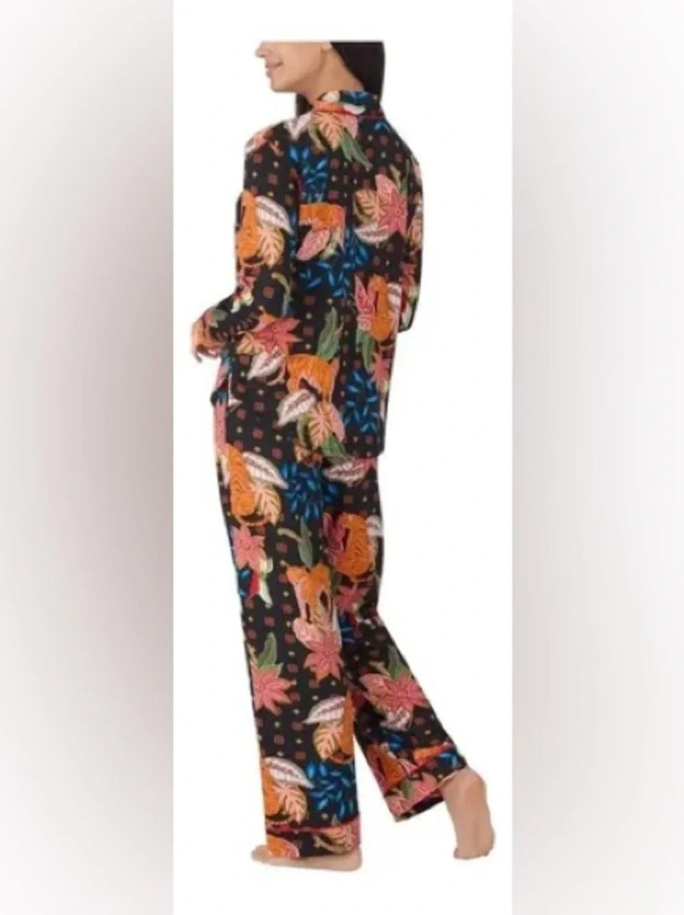 Room Service Tiger Floral Pajama Set Black Button Front Lounge Sleepwear S Cozy